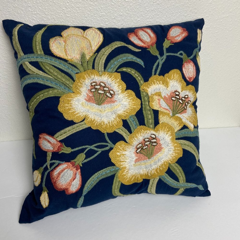 Pier 1 Beautiful Navy Embroidered Pillow Like New!